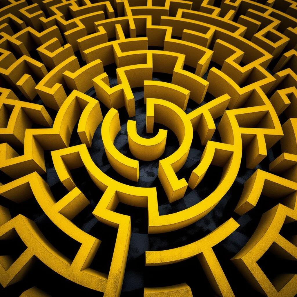 Yellow maze structure with intricate patterns in a very dark setting.