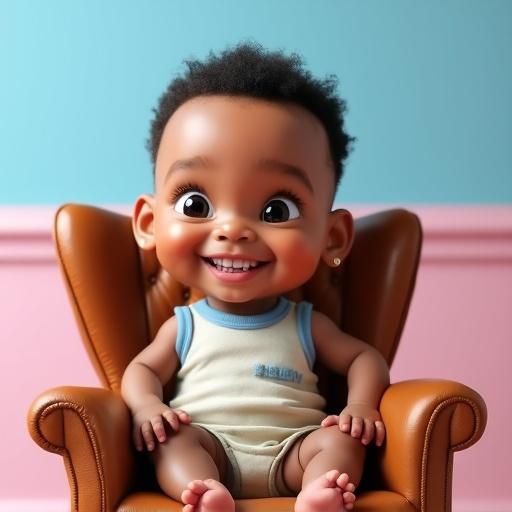 Photorealistic image of a 1-year-old baby with big eyes and a charming smile. Baby sits in a stylish leather armchair. Background features light blue and pink stripes. Direct soft lighting illuminates the character.