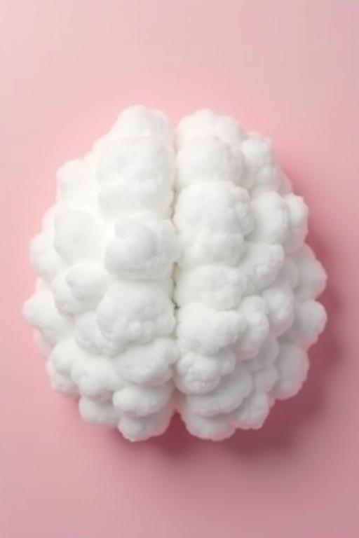 Fluffy white cloud shaped like a human brain on pink background.