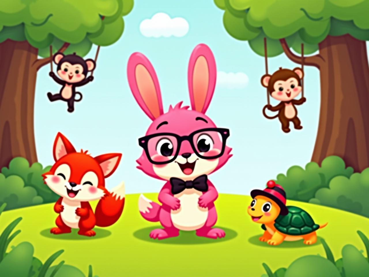 This is a colorful cartoon illustration featuring a cheerful pink rabbit with glasses and a bow tie. The rabbit stands at the center with a friendly smile, surrounded by various forest animals. To the left, there's a happy red fox with its eyes closed, enjoying the moment. On the right, a cute turtle in a tiny hat peeks out from the grass, looking curious. In the background, a playful monkey swings from tree branches, while a brown squirrel looks on with its own playful expression. The scene is set in a bright green meadow, conveying a joyful and friendly atmosphere.