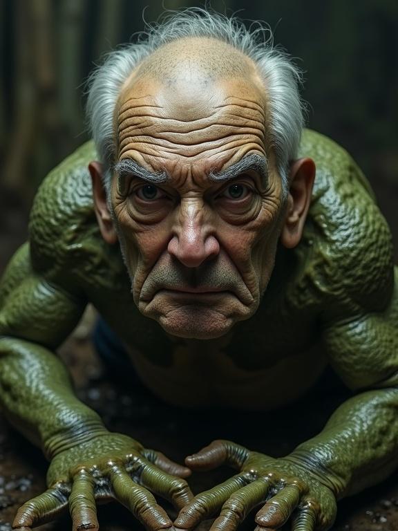 Hyperrealistic image shows a transformation of an elder male figure resembling a well-known politician into a slimy bullfrog monster. The figure has green, textured skin and exaggerated features. The figure is crawling on the ground with large forearms and webbed fingers. The background is dark and blurred, adding to the gothic atmosphere.