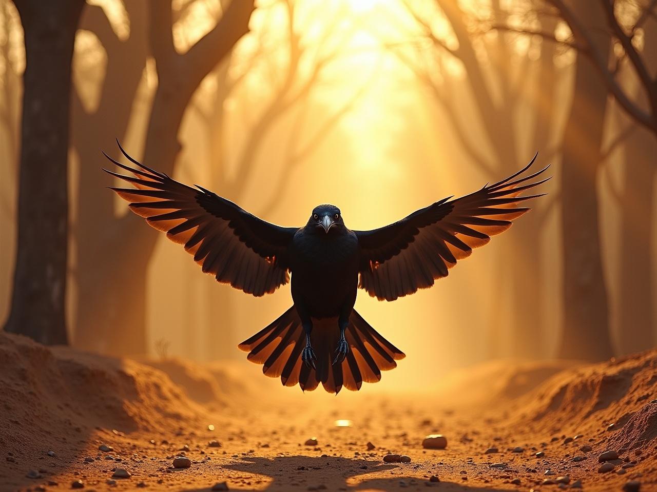 A black crow is flying above a dusty, cracked ground in a dry forest. The sun is scorching, casting a warm golden light through the withered trees. The forest looks desolate, emphasizing the heat of summer. The crow appears tired and thirsty, with its wings slightly drooping. This scene captures the struggle of wildlife in harsh conditions.