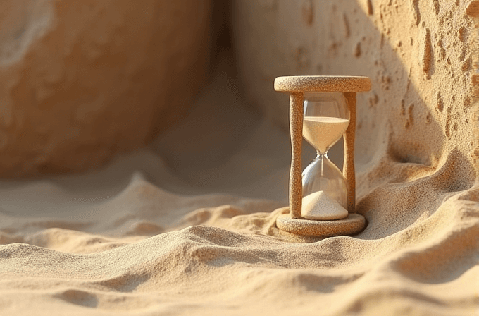 An hourglass with sand flowing is elegantly resting amidst undulating sand dunes and rocky surfaces in warm, natural light.