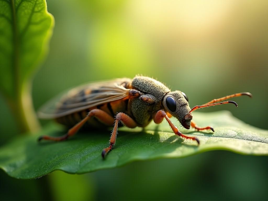 The image showcases a detailed macro shot of an insect resting on a green leaf. The soft, warm light highlights the textures of the insect's body and the leaf. The insect is positioned prominently in the foreground, demonstrating intricate details in its features and surroundings. A blurred, natural background creates an immersive feeling of nature. This photograph captures both the beauty and delicacy of micro fauna in their habitat.