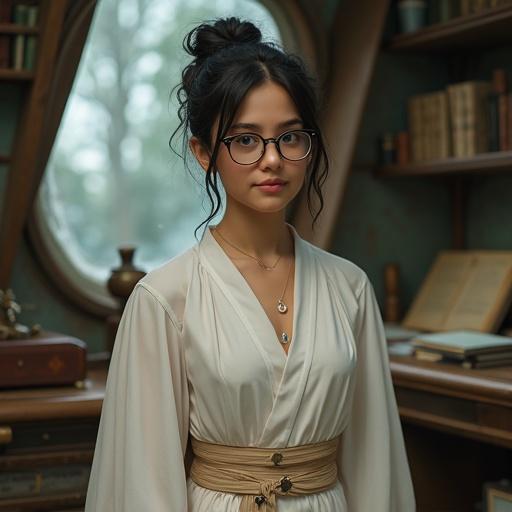 Photorealistic image of a young adult female character named Lyra. She has dark hair tied back neatly in a simple bun. Large blue eyes and an observant demeanor. She is wearing a thin, white translucent cotton robe that reveals a bare bellybutton with a piercing. Lyra has simple wire-rimmed glasses and carries a worn leather-bound digital reader along with a collection of physical scrolls. She stands in Elara's office on a spaceship, filled with ancient artifacts, slightly turned to face the camera with a shy and nervous smile.