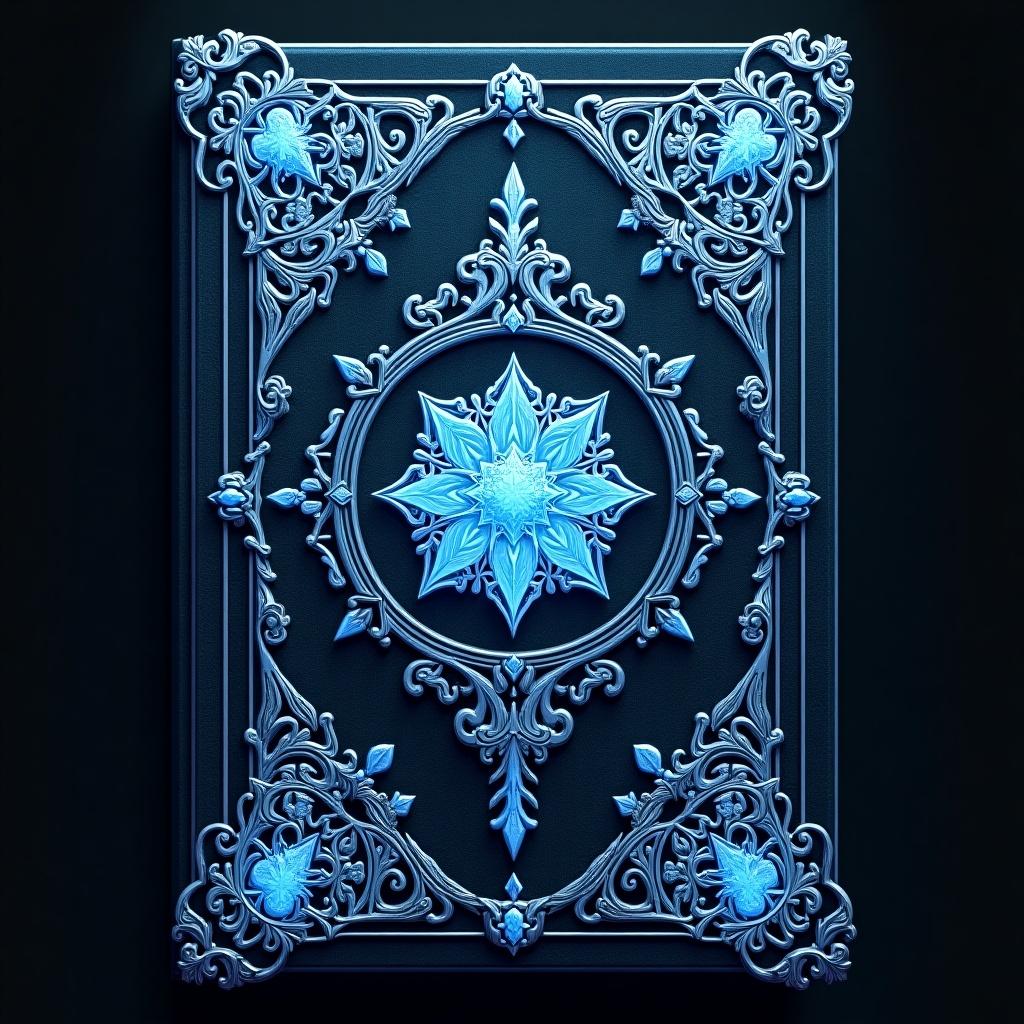 Cover design for a grimoire inspired by Black Clover. Theme centered around ice magic. Various shades of blue featured throughout the design. Detailed and ornate decorations.