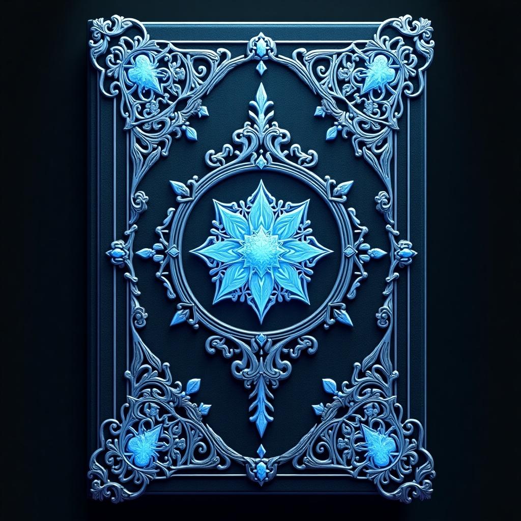 Cover design for a grimoire inspired by Black Clover. Theme centered around ice magic. Various shades of blue featured throughout the design. Detailed and ornate decorations.