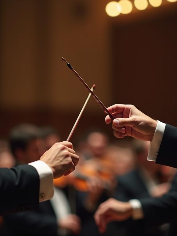 Cinematic view of an orchestra conductor leading musicians. Hand holding a baton is in focus. The background features a blurred orchestra under warm lights. Captures connection and passion for music.