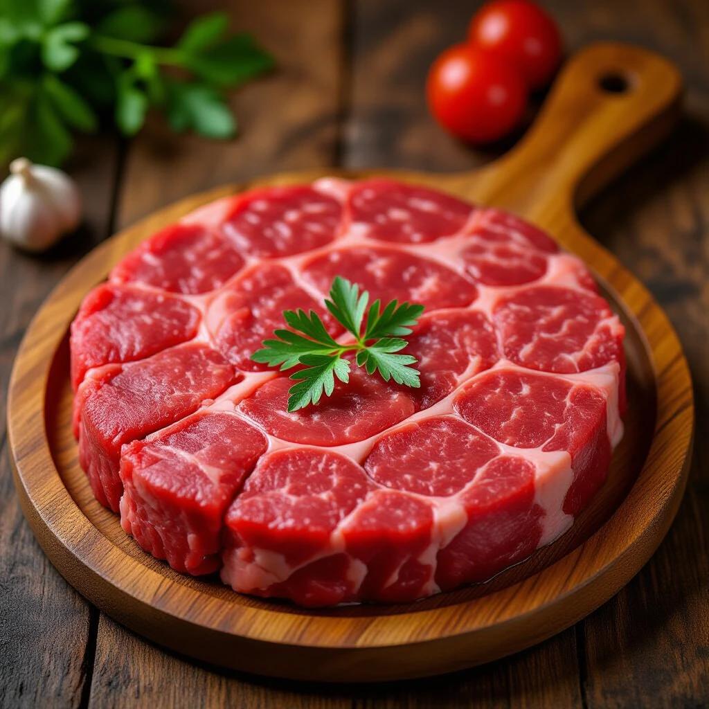 Raw ground beef arranged in a round wooden tray. A sprig of parsley decorates the top. Fresh ingredients like garlic and tomatoes nearby.