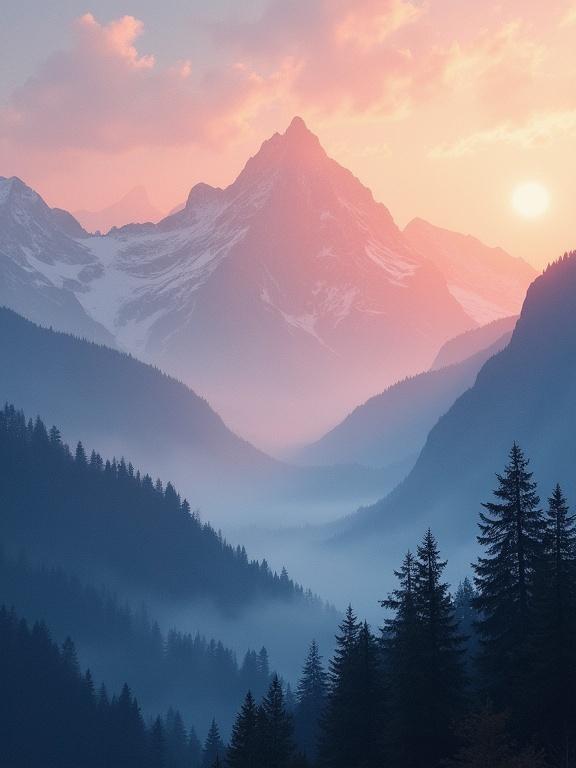 Create oil painting style mountain landscape at dawn featuring mist layers and strong depth. Use laserunk technique for lighting transitions. Follow rule of thirds with golden ratio placement of peaks and valley.