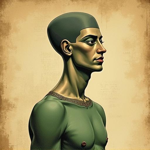 Vintage illustration depicting a man with Egyptian features. Profile view highlights big eyes. Soft muted colors dominate the canvas-like background, resembling an ancient manuscript. The body has a green gradient. Focus is on detailed facial characteristics with an elongated shape.