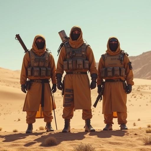 Post-apocalyptic men wearing detailed equipment stand in a desert. Characters are ready for a game. Scene shows a full body front view in T-pose.