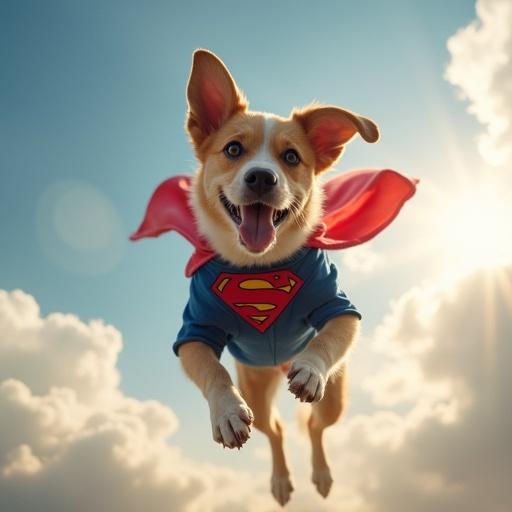 A happy dog flying in the sky, wearing a Superman costume, with a bright background.