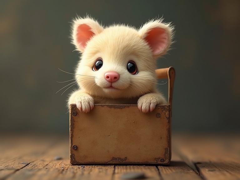 A fluffy animal peeks out of a small box. The animal has big, expressive eyes and prominent ears. The scene is cozy and inviting with warm lighting. Wood floor and textured background enhance the charm.