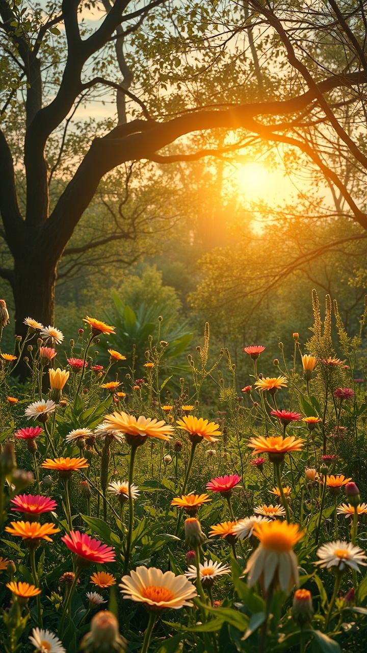 This image captures a serene sunrise over a vibrant field of wildflowers. The sun casts a warm, golden glow across diverse blooms while silhouetted branches of a nearby tree add depth to the tranquil morning landscape. The rich blend of warm colors creates a peaceful and uplifting atmosphere.