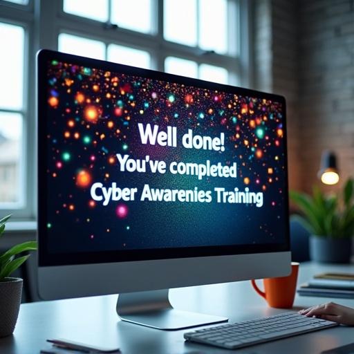 Medium close-up shot of computer screen in modern office. Screen shows vibrant pop-up message 'Well done! You've completed Cyber Awareness Training'. Colorful confetti bursts across screen. Glossy gradient background with reflections. Desk has coffee mug and stack of notes. Camera focuses on screen animation and message.