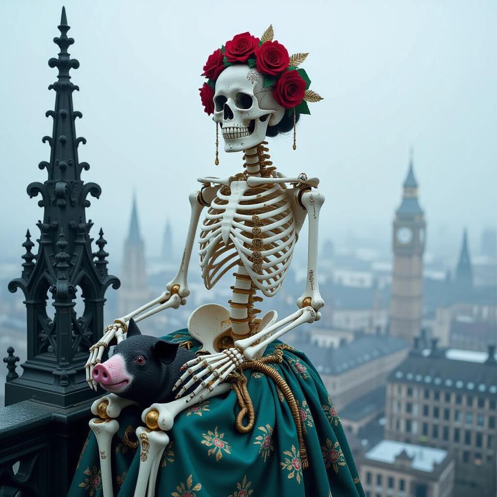 A biomechanical Victorian skeleton sits on a gothic spire overlooking a foggy city. Skeleton made of broken porcelain has visible gold patches and repairs. Decorated with red roses and snakes in hair. Holding a rotting black pig's head while adorned with intricate gold filigree. Scene has a surreal and dark atmosphere with pale red lighting, featuring elements of horror and unique character design.