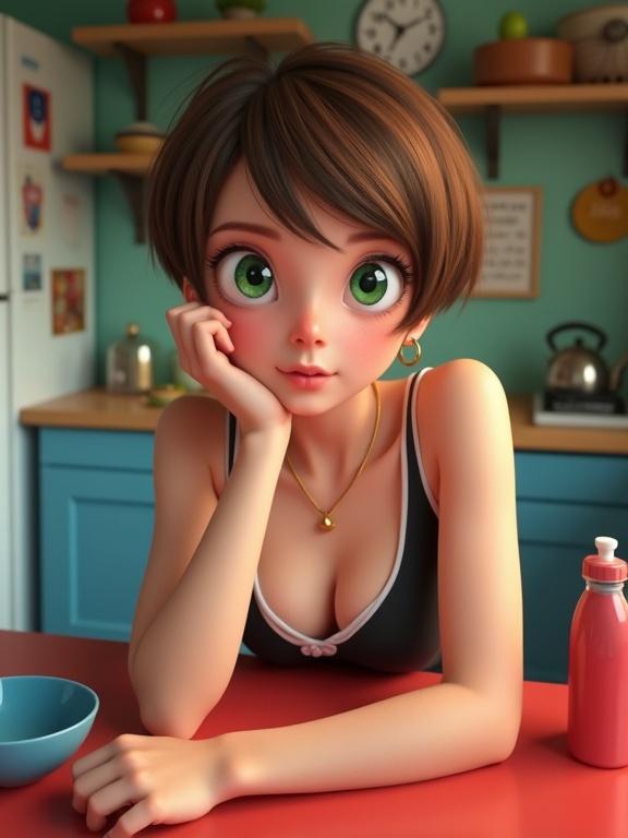 Photo of a woman with short brown hair and large green eyes. She has a surprised expression. She is leaning on a red table with her right hand resting on her cheek. Wearing a black and white top with a low neckline. A necklace with a small pendant is present. The background features a cozy kitchen with a blue bowl and a red bottle. The kitchen has blue cabinets and a green backsplash. Lighting is warm and soft. The woman's skin is smooth and light. She has a slender build and an attractive appearance.