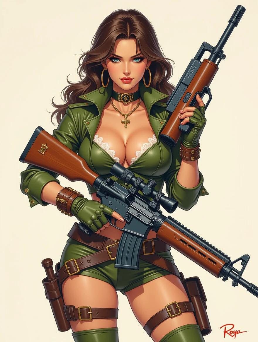 Stylish female character holding two guns. Wearing a tactical outfit with a confident pose. Detailed artwork in a comic book style. Focused on weapons and character design.