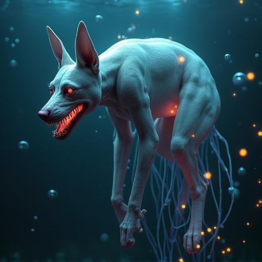 Hybrid creature has muscular dog body with sleek fur and glowing red eyes. Lower half consists of translucent jellyfish tentacles. Environment is dark underwater filled with glowing orbs. Atmosphere evokes dread and awe.