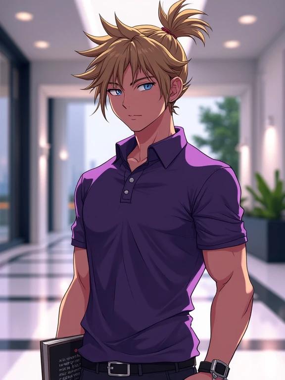 Anime character depicted in a modern luxurious hallway. Teen boy aged 14 years with light brown spiky hair styled in a ponytail. He has muscular arms and 6 pack abs. Character wears an amethyst purple polo shirt and holds a politics book. The setting reflects a hi-tech neo futuristic design typical of elite spaces. He showcases an expression of distaste, hinting at personal conflicts, with a stylish and handsome appearance.
