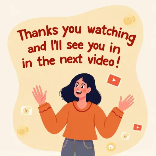 Warm friendly digital illustration of a person waving goodbye with a smile. Text says 'Thanks for watching, and I’ll see you in the next video!' Background is bright with soft pastel colors and video-related icons.