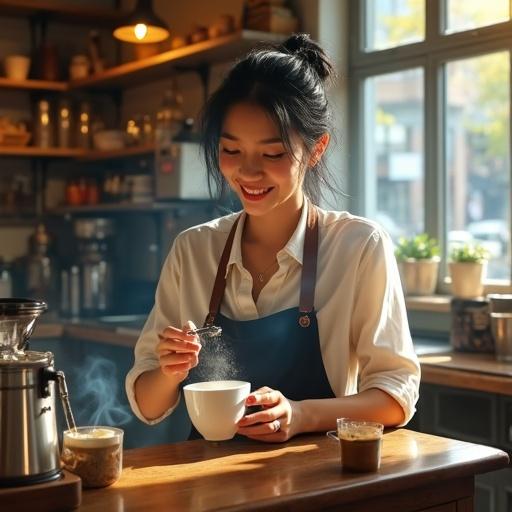 A lively retired witch brews coffee in a café. Black hair tied back. Bright smile. Casual stylish clothing. Magical cloak flickers gently. Faint blue light sparkles around her hands. She pours milk into a coffee cup. Order slip twirls in midair. Warm sunlight fills the room with energy. Enjoying part-time work while channeling magic.