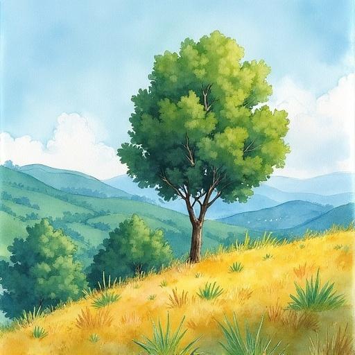 A vibrant landscape dominated by a lone cypress tree. The artwork is a watercolor painting in the Post-impressionist style. It showcases strong geometric forms and distinct brushwork reminiscent of Paul Cézanne. The color palette includes earthy greens and blues. The scene is depicted in clear daylight.