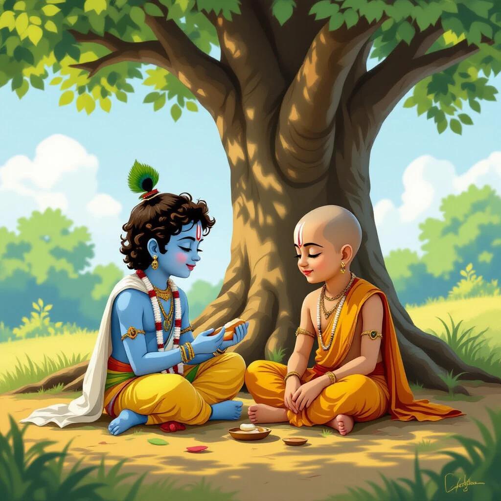 Young Krishna and his friend Sudhama play together under a large tree. Sudhama wears simple clothing and is bald, while Krishna has blue skin and joyful expressions. The scene captures their innocence and friendship in a mythological setting.