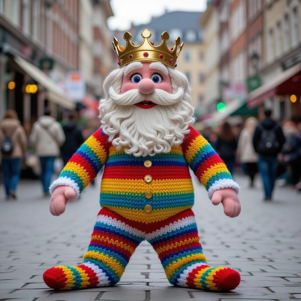 Colorful humanoid figure made of a white striped sock. Thin yarn arms and short legs. Head shaped like a wrinkled chin with button eyes and pompom nose. Mouth has a zipper. Large crown made of golden clips, gummy bears and glitter. Royal cape from old dish cloth. Portrays nobility. Holds a scepter made from a straw and ping pong ball.