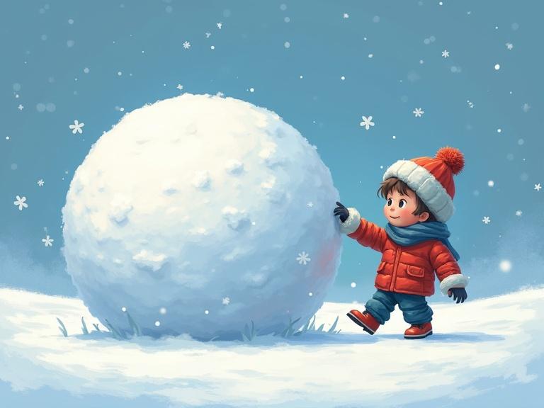 Child interacts with a large snowball in a snowy landscape. Bright blue background with snowflakes falling. The child wears a red and orange winter outfit. The scene conveys joy and winter playfulness.