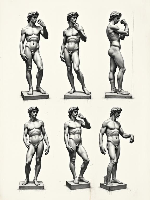 A series of hand-drawn sketches of Michelangelo’s David sculpture. Each sketch shows different angles. The artwork resembles classical etching techniques. Fine cross-hatching and line shading techniques are used. Strong black-and-white contrast highlights the sculpture’s muscular anatomy and marble texture. The background is plain or subtly textured.
