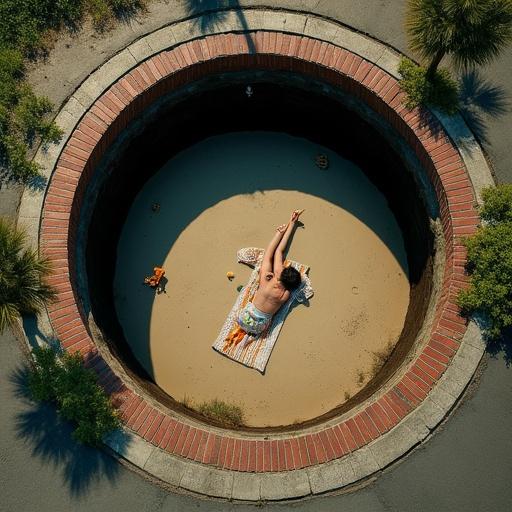 Surreal scene of a person lying down in a well under a manhole cover. Top-down view. Person sunbathing on sand with towel and sunscreen. Only light comes from above.