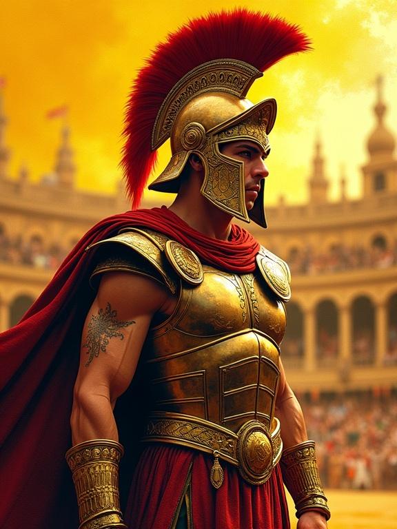 Disney illustration of a bejeweled Spartan warrior in an arena. Artwork exhibits a Post-Impressionistic aesthetic with dazzling colors and textures.
