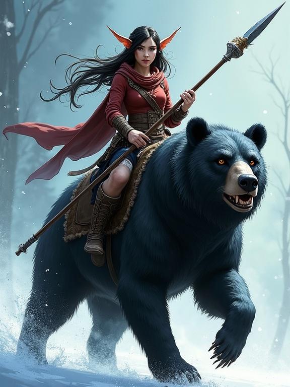 Hand-drawn illustration with soft shadows. Female goblin with spear riding a black bear. Frost particles in the air with dramatic lighting. Animated character with realistic anatomy. Cinematic composition with high contrast and detailed textures.