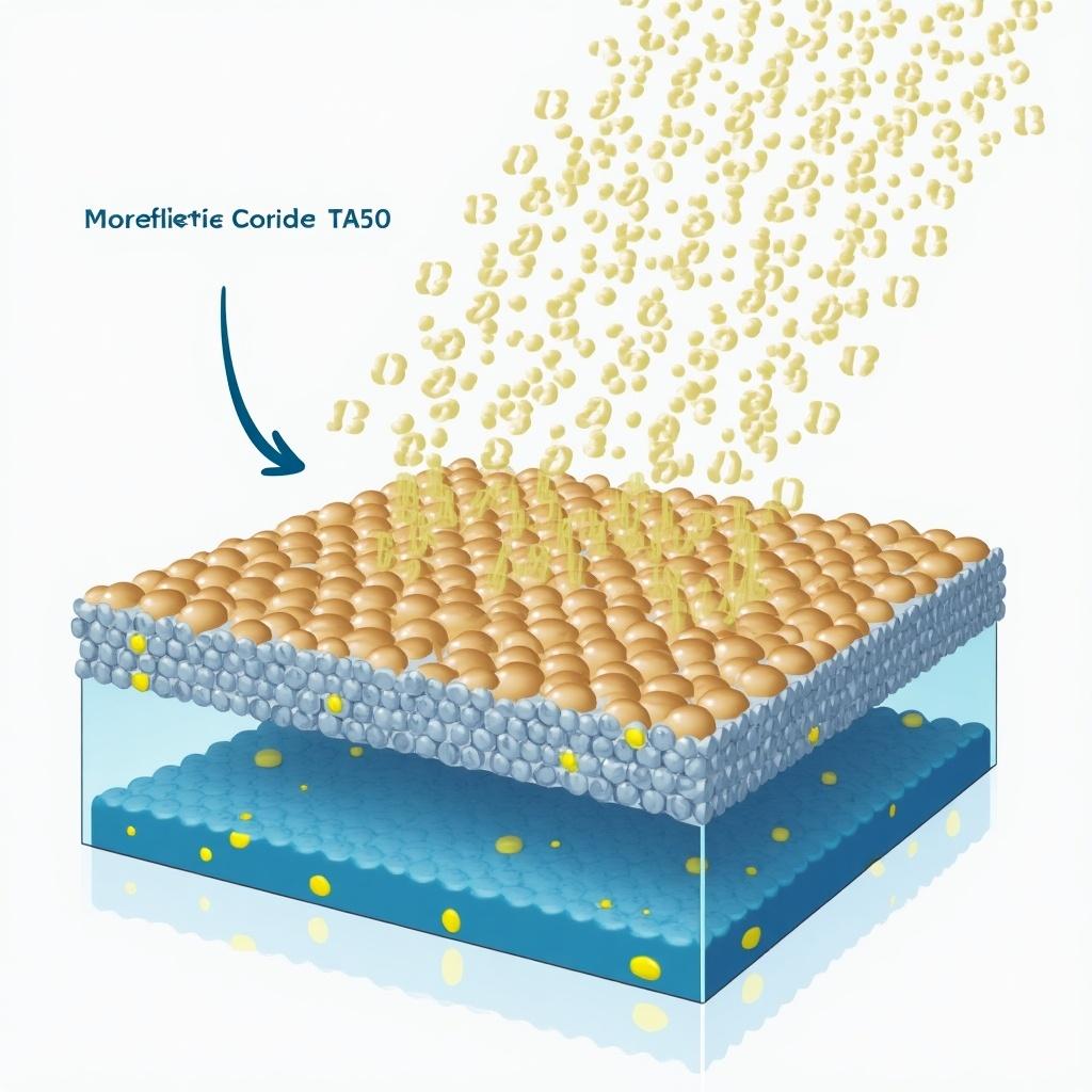 Scientific illustration shows adsorption of 4-methylbenzylidene camphor on microplastic fiber. Display layers and particles clearly.