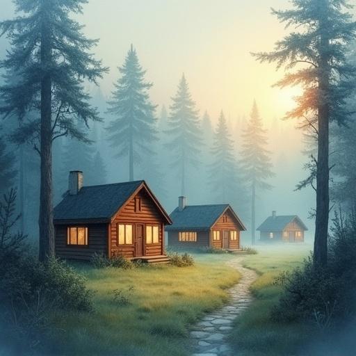 A cluster of cozy cabins in foggy woods. Light spills from windows creating warmth. The scene is created in atmospheric impressionism style using watercolor techniques. Soft pastel colors blend harmoniously.