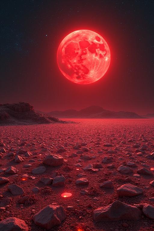 A red moon shines brightly over a desert made of millions of pieces of glass. The landscape features a stark, barren terrain reflecting the moonlight. The scene is filled with unique textures and illumination effects.