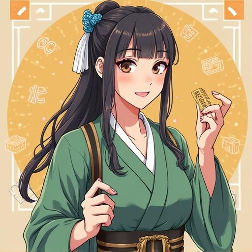 A girl in traditional attire holds a golden item. Background features a stylish, colorful design with cultural elements. She has long dark hair and a cheerful expression.