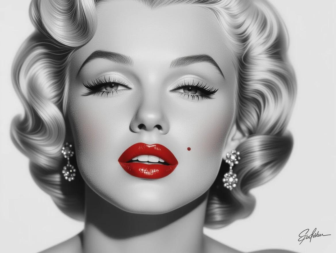 Portrait of an iconic figure with glamorous style and red lips. Black and white tones emphasize sophistication and allure.