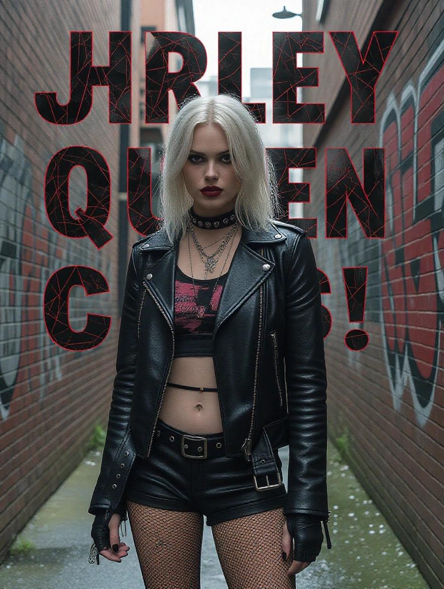 Harley Queen stands in a gritty alleyway. She wears a dark leather jacket and torn fishnets. Bold typography overlay features dynamic lines and intense textures. Scene resembles a cinematic film still. Post-processed for a dramatic effect.