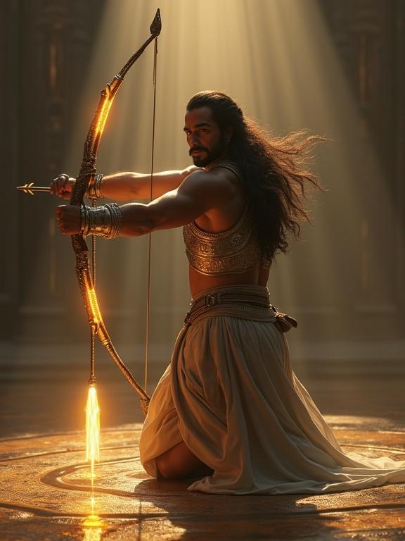 Powerful depiction of a heroic archer from Indian mythology. Warrior kneeling in dynamic pose. Pulling a glowing bow with a divine arrow aimed downward. Intense expression with long flowing hair. Wears silver chest plates and gray dhoti. Surrounded by a faint divine aura. Dark, smoky background with golden light illuminating.