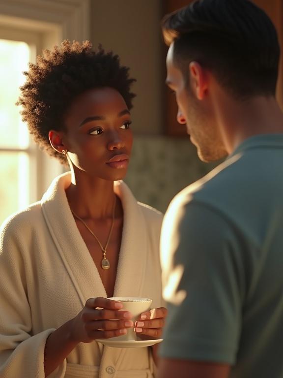 Cinematic scene featuring a woman and man in a kitchen. Woman has natural hair, wears a robe. Man has low-cut hair, wears a sky blue shirt. Coffee cup in women's hands. Soft lighting and warm colors create an intimate atmosphere. Subtle steam from coffee cup adds warmth.