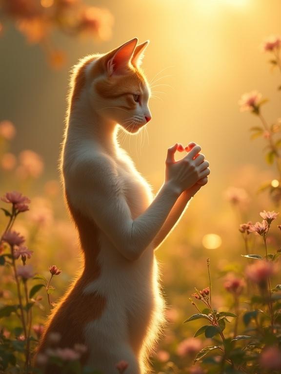 Humanoid cat stands in warm golden light. Hands are clasped in heart shape. Background features blooming flowers and greenery. Scene appears tranquil and enchanted. Photograph captures soft light highlighting serene beauty.