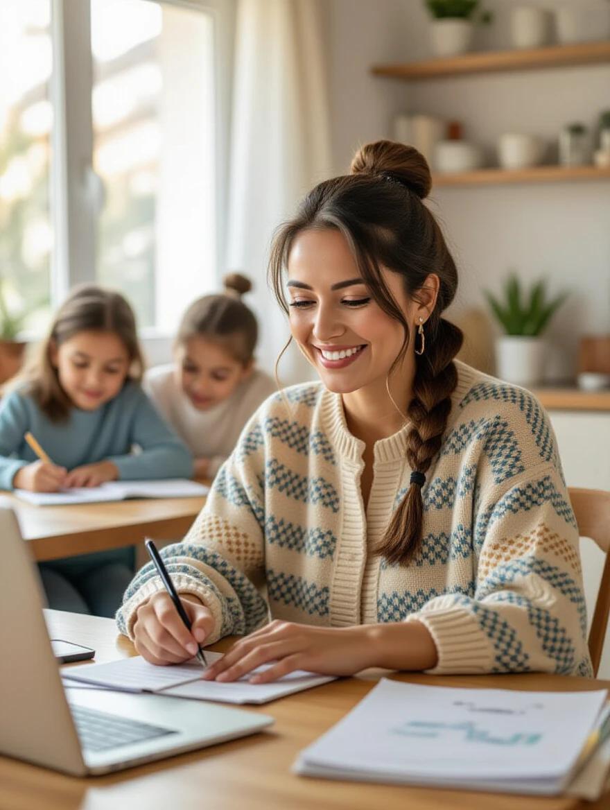 Mexican woman studying at kitchen table while taking notes. Casual outfit. Smiling. Children in background drawing and reading. Calm and focused expression. Natural morning light brightening the environment. Warm emotional tone.