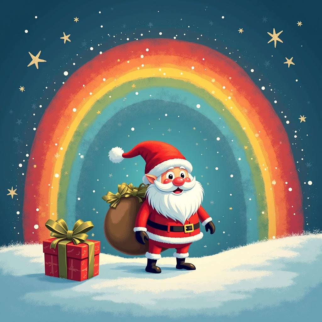 Create a festive Christmas scene featuring Santa Claus with a bag of gifts. Include a bright rainbow in the background. Add a personalized touch with the name Freya. The setting should be snowy with twinkling stars.