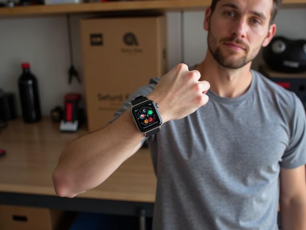 The image features a person wearing a casual outfit, showcasing a smartwatch on their wrist. The person is holding their arm up, displaying the watch prominently. The watch screen is visible, showing colorful graphics and time indicators. Behind the person, there are a few household items and boxes, hinting at a garage or workshop setting. The background includes a bottle and some tools, suggesting a practical or work-related environment.