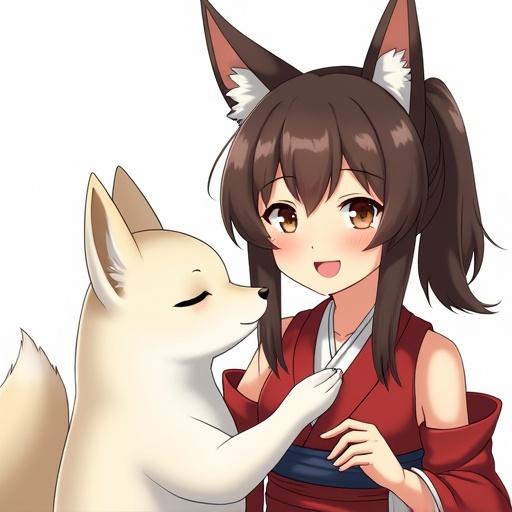 Artwork features a woman with brown hair in a ponytail and fox ears. She wears a miko costume and smiles while posing with a white fox.