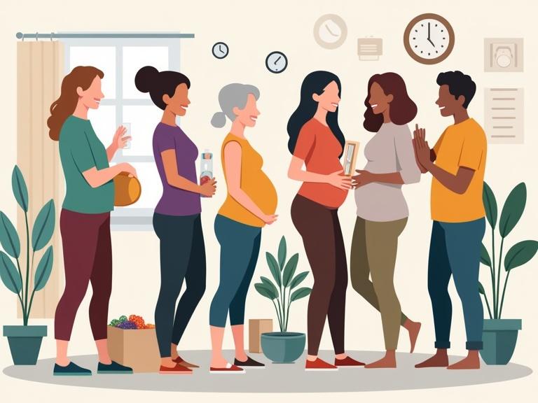 A vibrant scene with a diverse group of people practicing pelvic health activities. Different life stages are represented. A woman practices Kegel exercises while sitting. A couple lifts groceries correctly. A pregnant woman exercises with a guidebook. A postpartum mother does rehab exercises with a therapist. Older adults are active with yoga. Visual elements include a water bottle, meal balance, bladder diary, weight scale, knowledge brochures. The setting is homey and inclusive with hints of outdoor clinic.