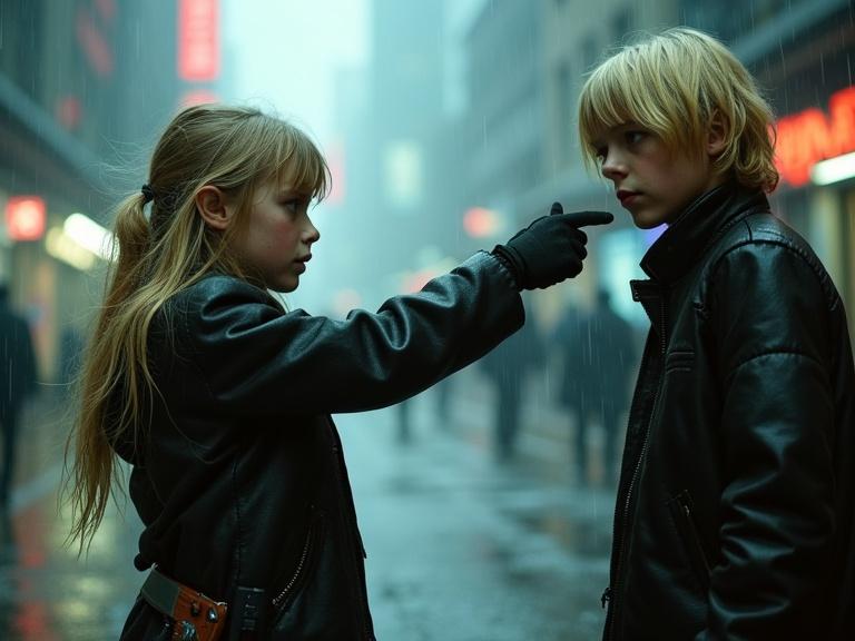 Dynamic photography featuring a young girl dressed in futuristic style pointing a gun at a boy in a futuristic city. Rainy environment creates a sad atmosphere. Background includes urban settings reminiscent of sci-fi films.